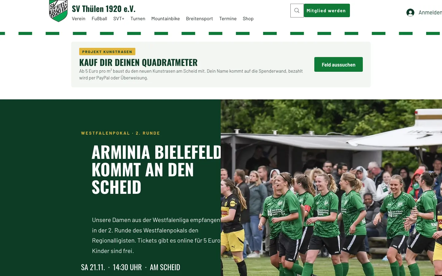 Startseite von sv-thuelen.de am Desktop: Projekt Kunstrasen und das Pokalspiel gegen Arminia Bielefeld